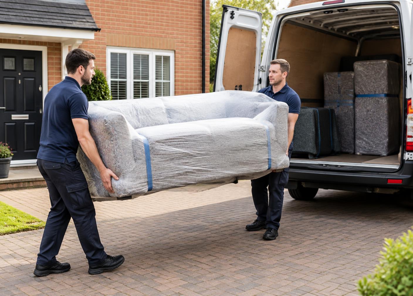 Furniture removals with protected sofa being carried to a van